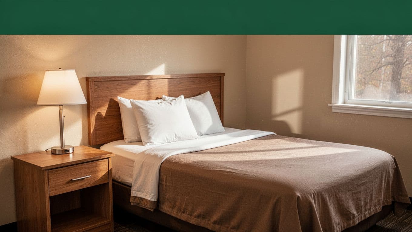 Cozy Tuscaloosa hotel room with a neutral bed, wooden nightstand, warm light, and a green 