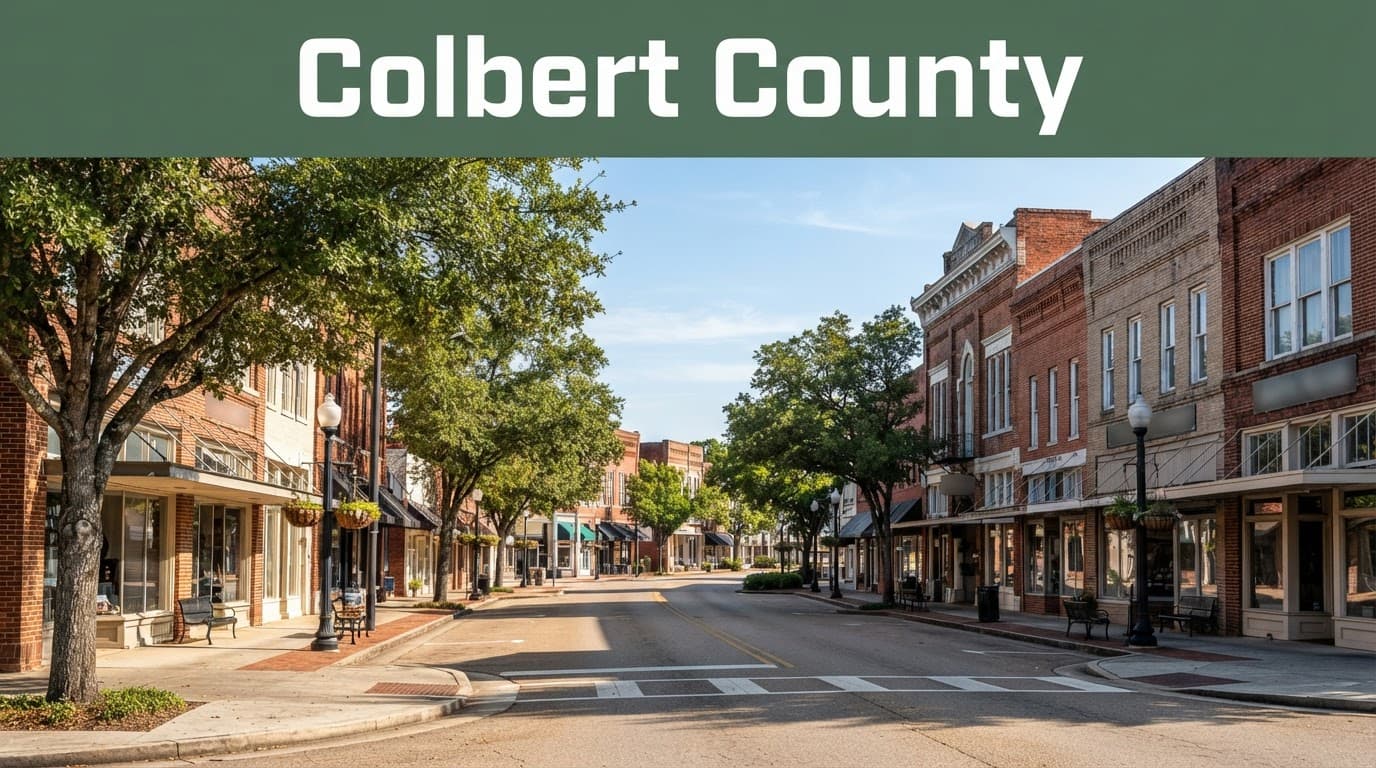 Brick storefronts and mature trees line a sunny Tuscumbia sidewalk beneath a Colbert County banner.