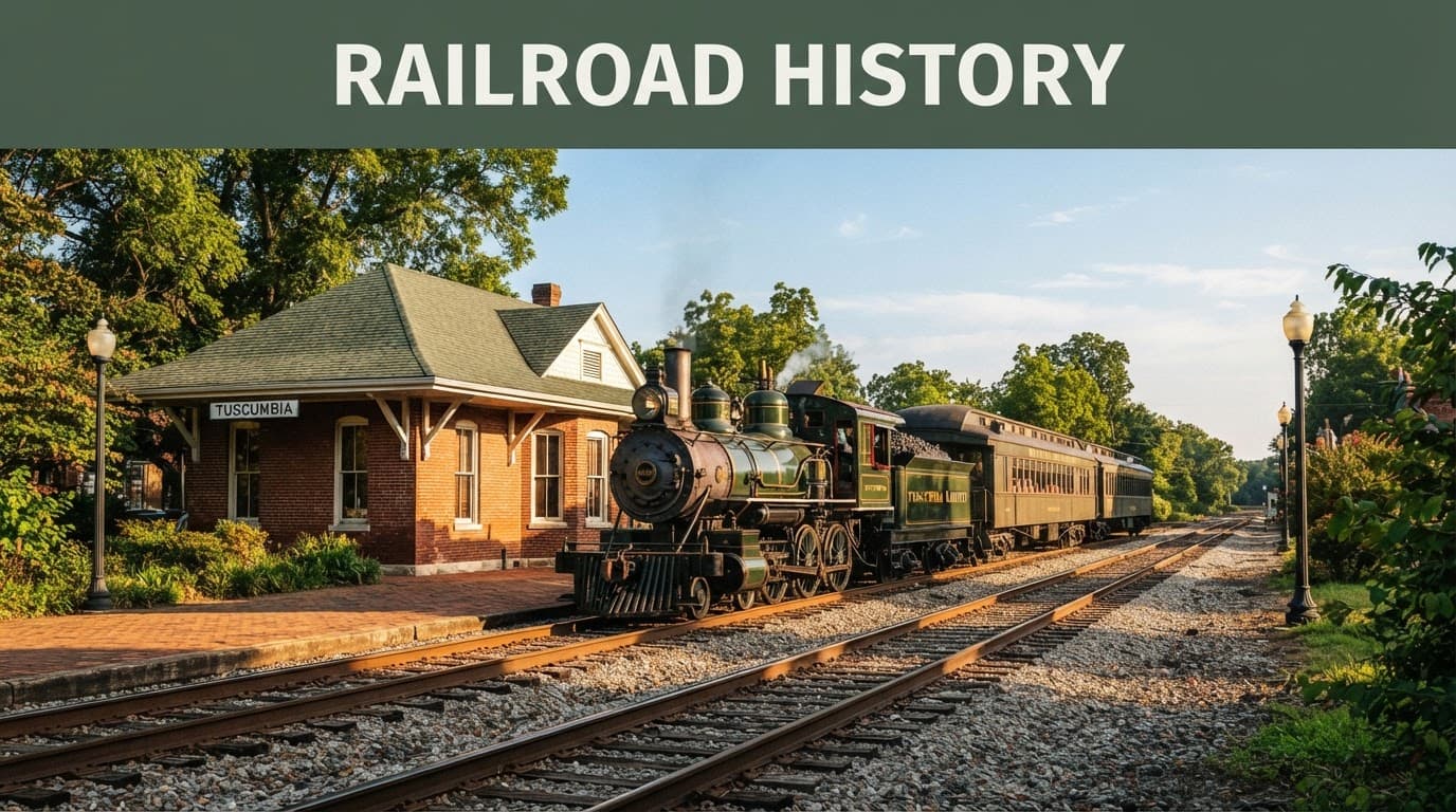 A vintage passenger train beside a small historic railway station in Tuscumbia, Alabama.