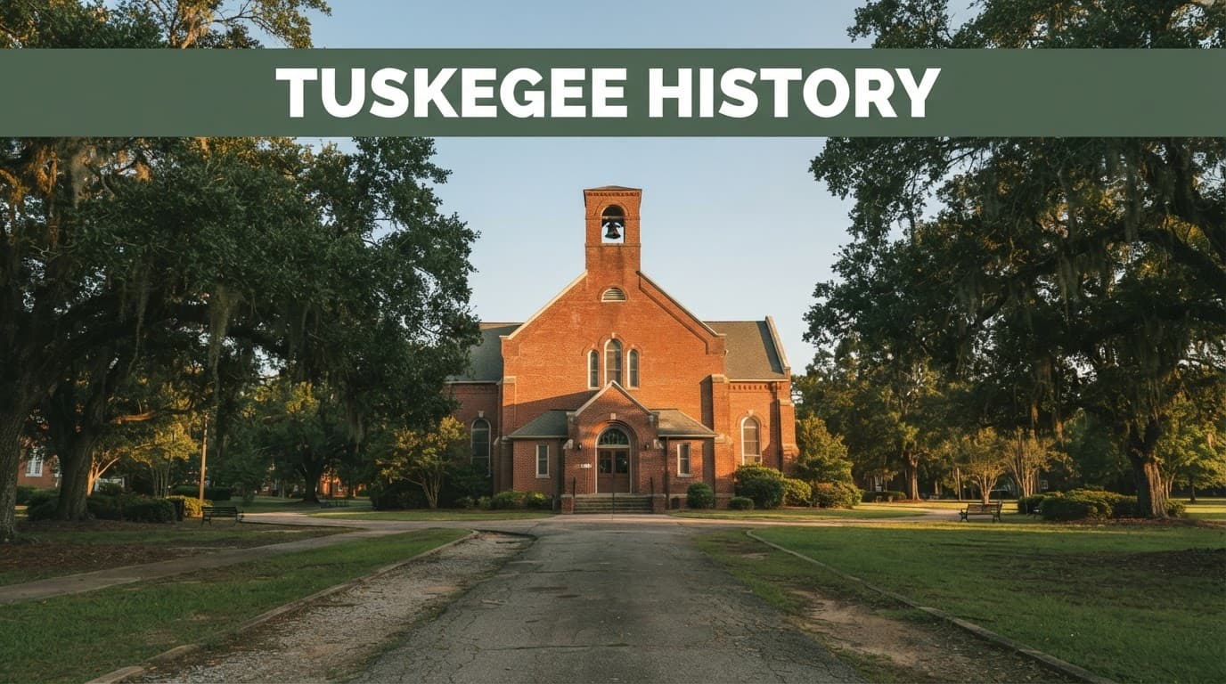 Red-brick historic building and tree-lined path at Tuskegee in warm afternoon light.