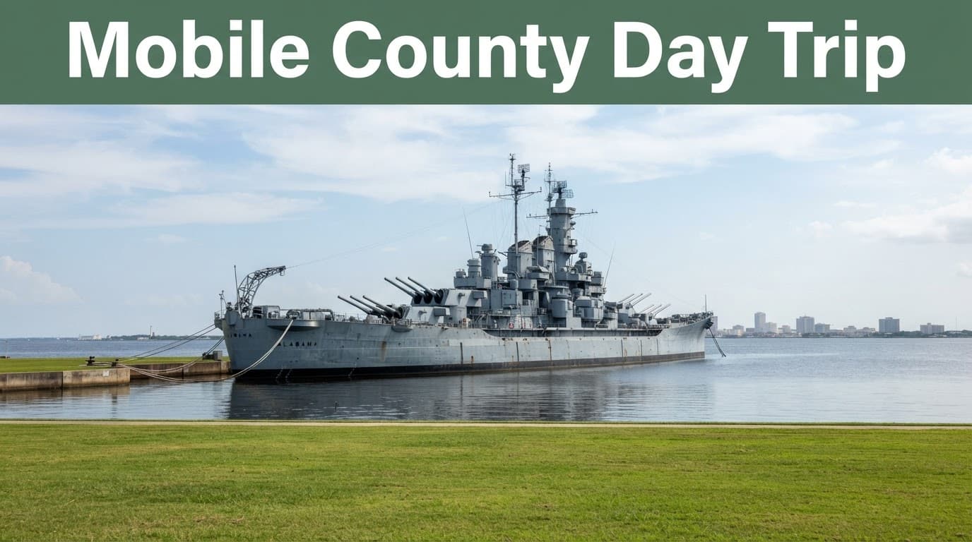 Historic USS ALABAMA battleship beside calm water at Battleship Memorial Park.