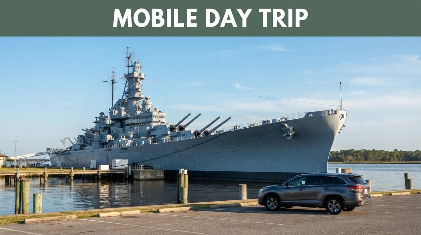 Historic battleship beside a parked vehicle on the Mobile waterfront.
