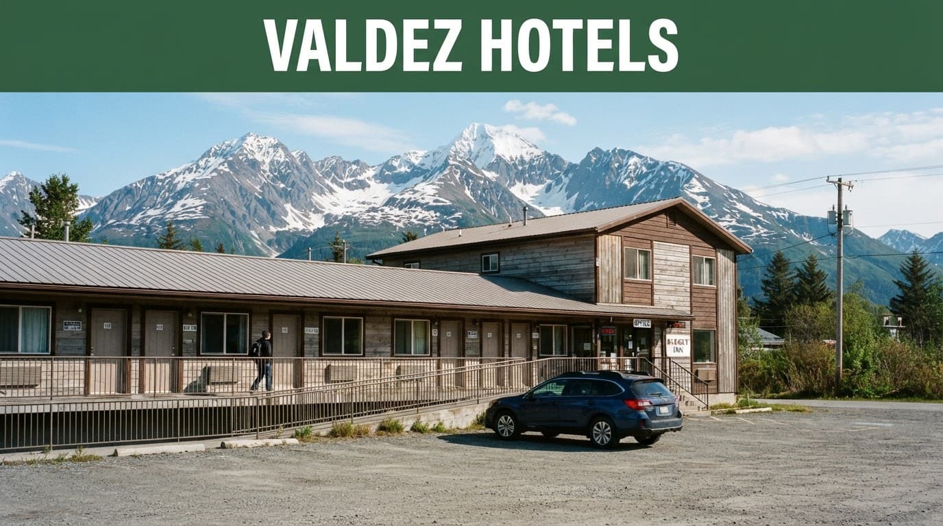 A budget motel in Valdez with mountains behind it and a green headline band above.