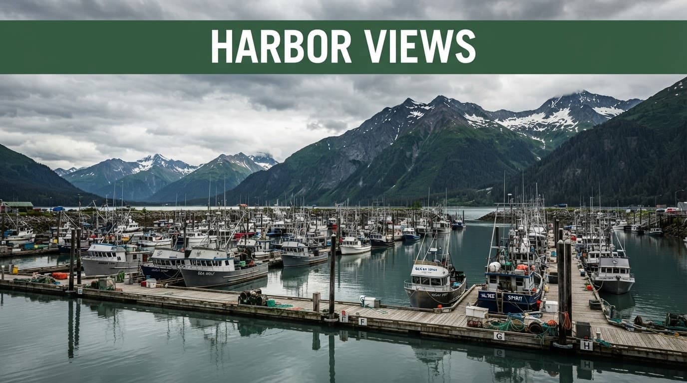 Fishing boats rest at Valdez harbor beneath overcast skies and a green 