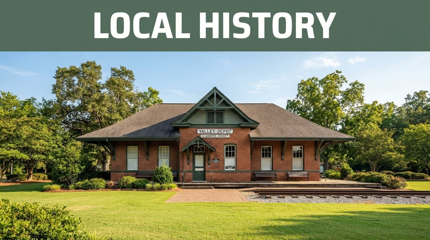 Historic railroad depot surrounded by lawn and mature trees beneath a Local History headline.
