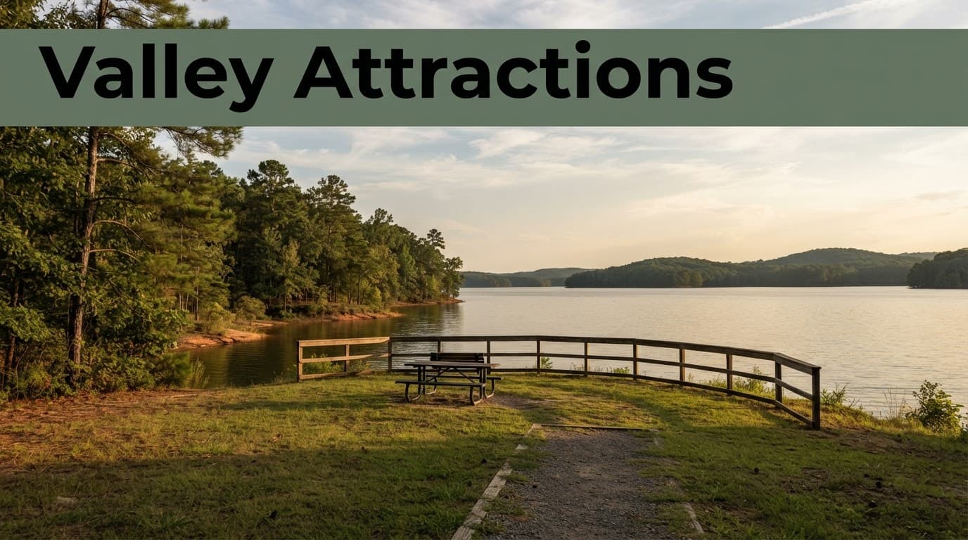 A tree-lined lakeside park with open water and a small picnic area in warm afternoon light.