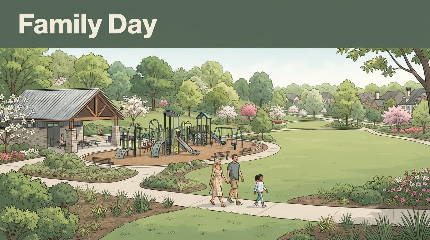 Two adults and a child walk past a playground, pavilion, and trail in a green park.