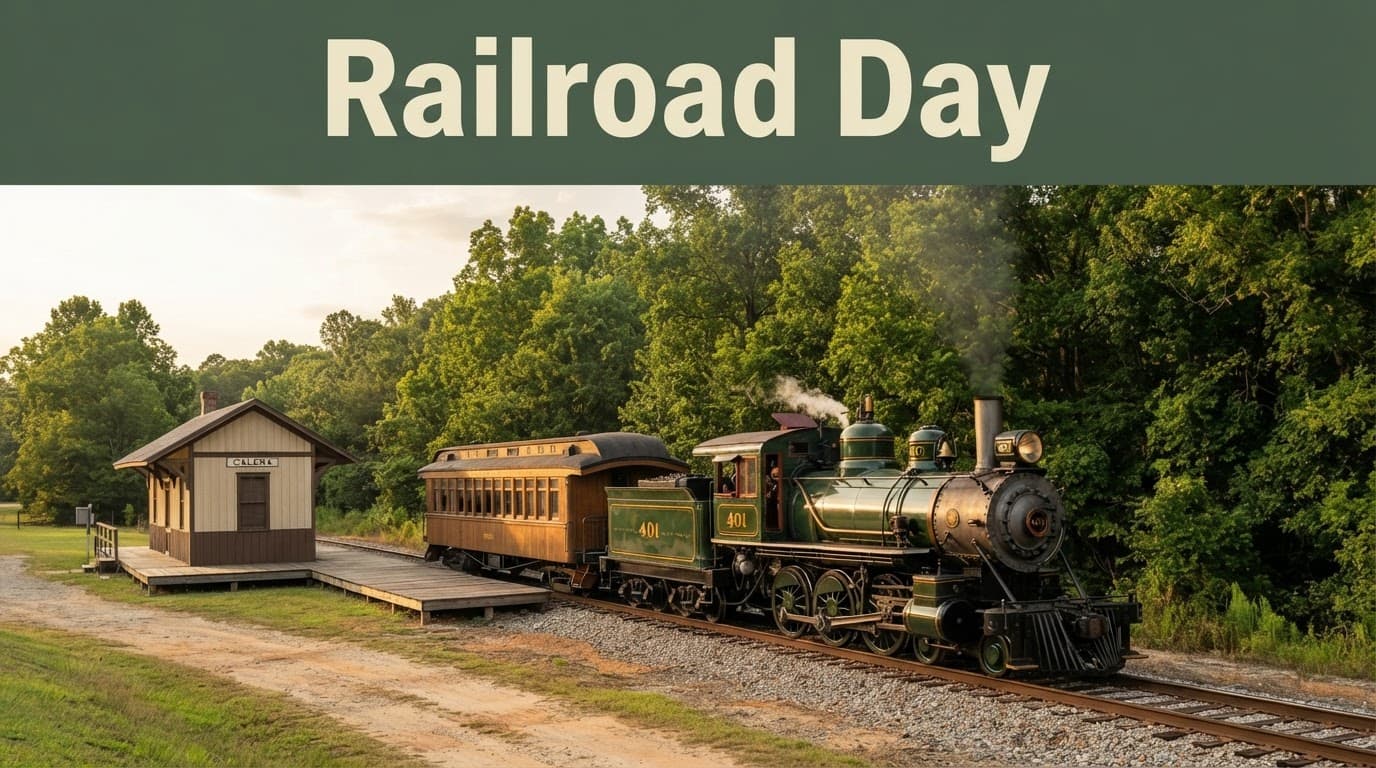 A vintage passenger train beside a rural station platform surrounded by green trees.