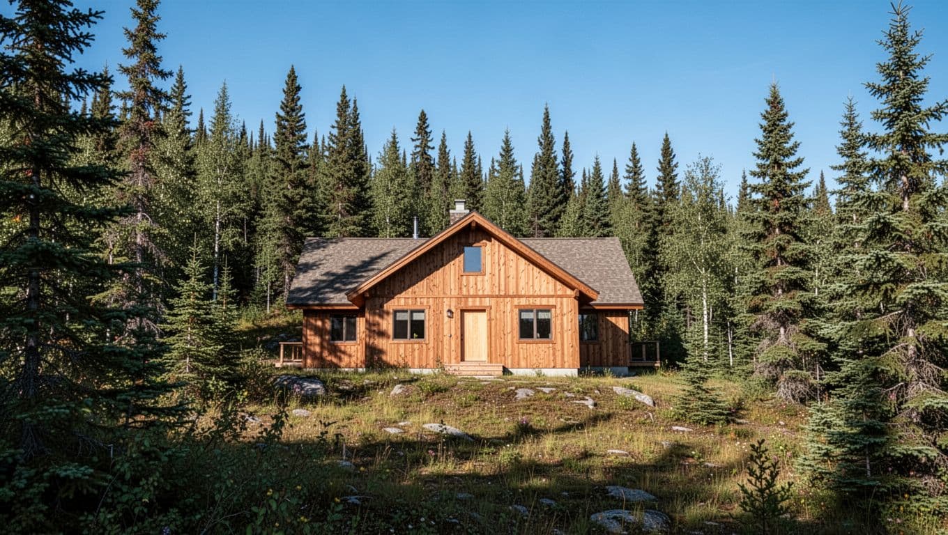 A simple lodge hotel surrounded by evergreen trees under a clear sky.