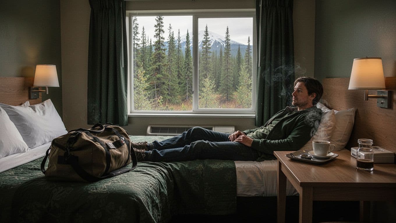 A traveler rests in a motel room with a duffel bag, coffee, and spruce trees outside.