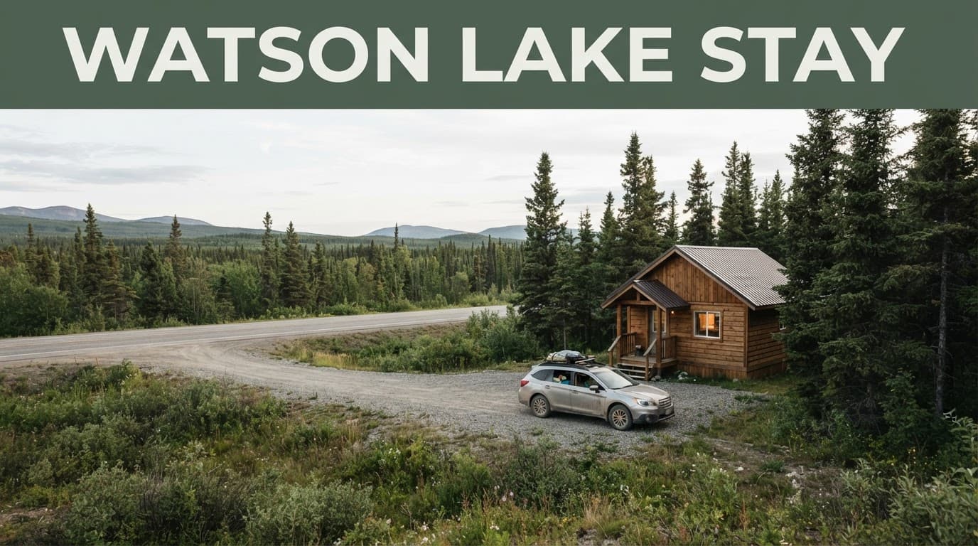 A wood cabin and parked SUV beside a highway in the Yukon wilderness.