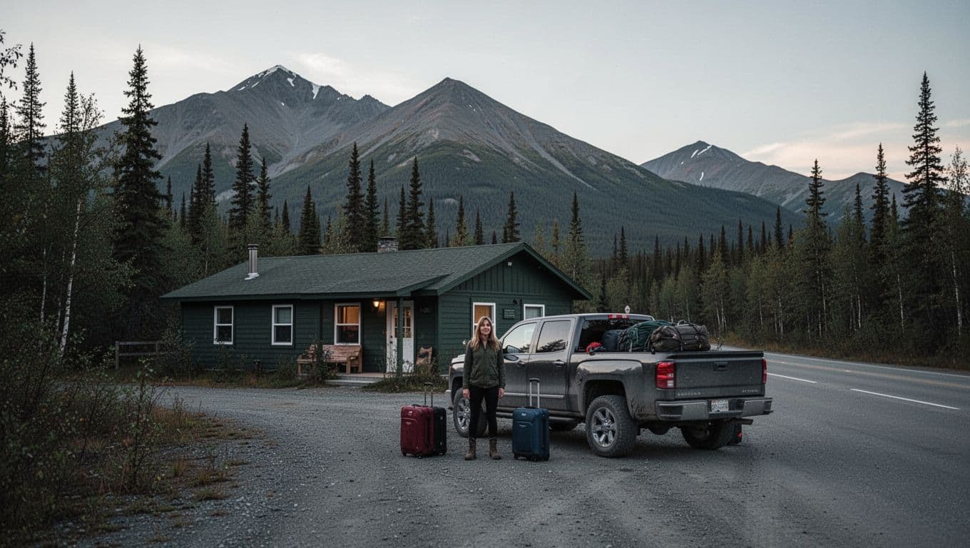 A lone traveler arrives at a roadside lodge beside a pickup in Yukon forest.