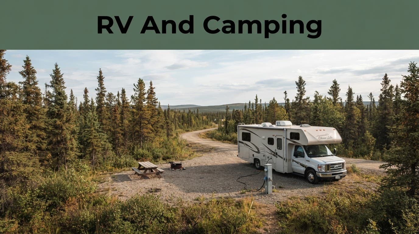 A motorhome and picnic table sit at a gravel campsite among spruce trees in Yukon.