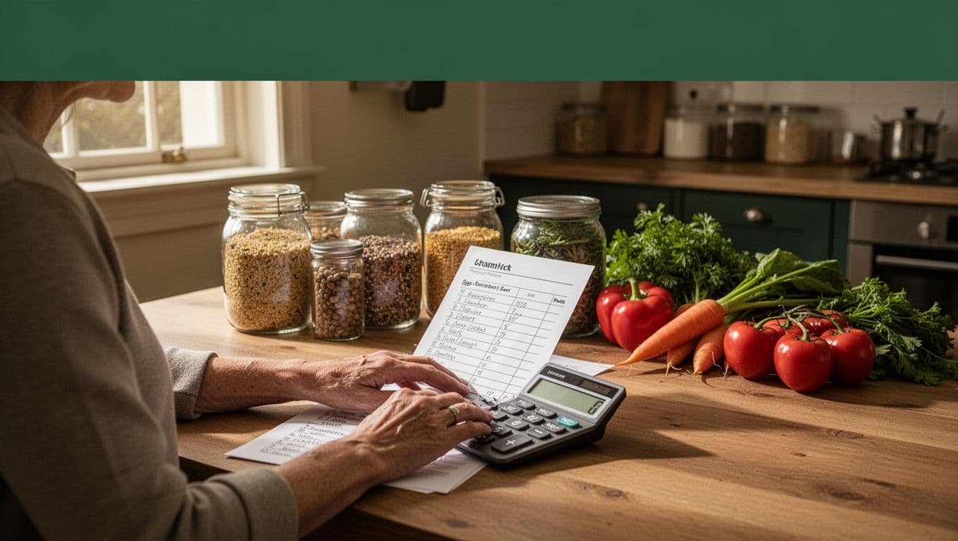 A person reviews a grocery list beside vegetables, pantry containers, and a calculator.