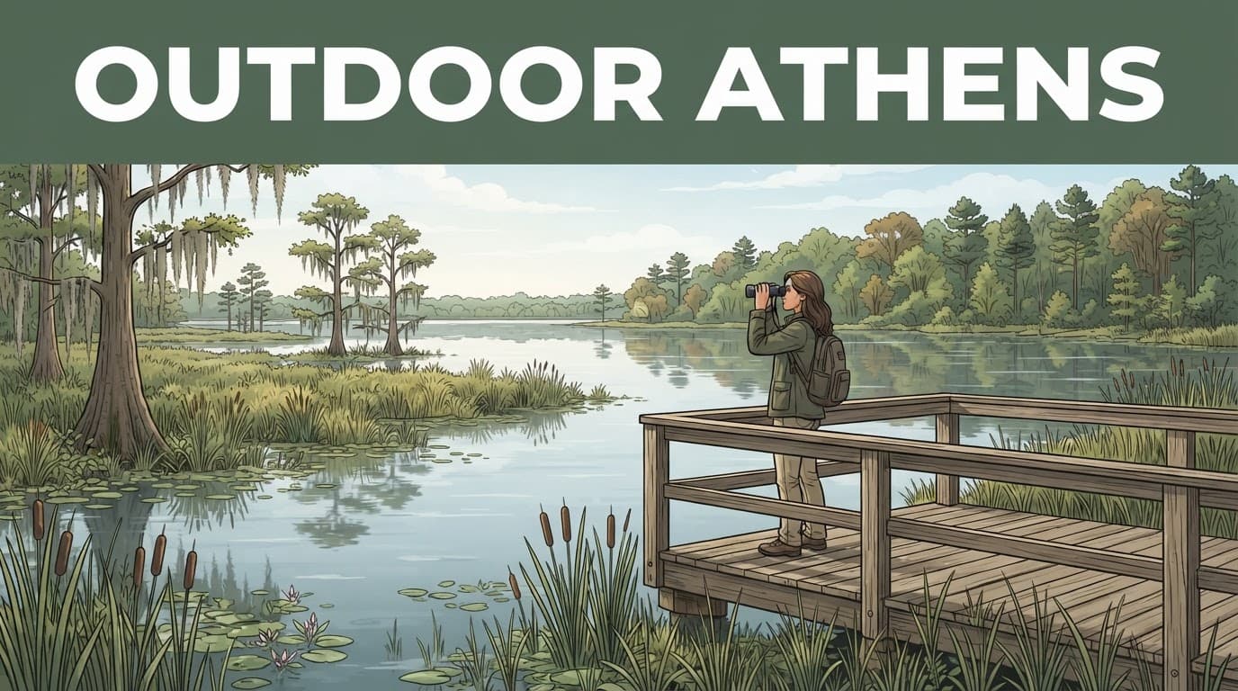 A birdwatcher overlooks calm wetlands with cypress trees and a distant wooded shore.