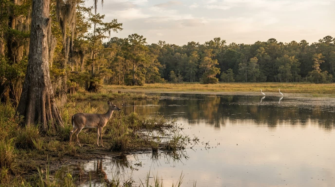 One deer stands beside shallow wetland water with two distant egrets.