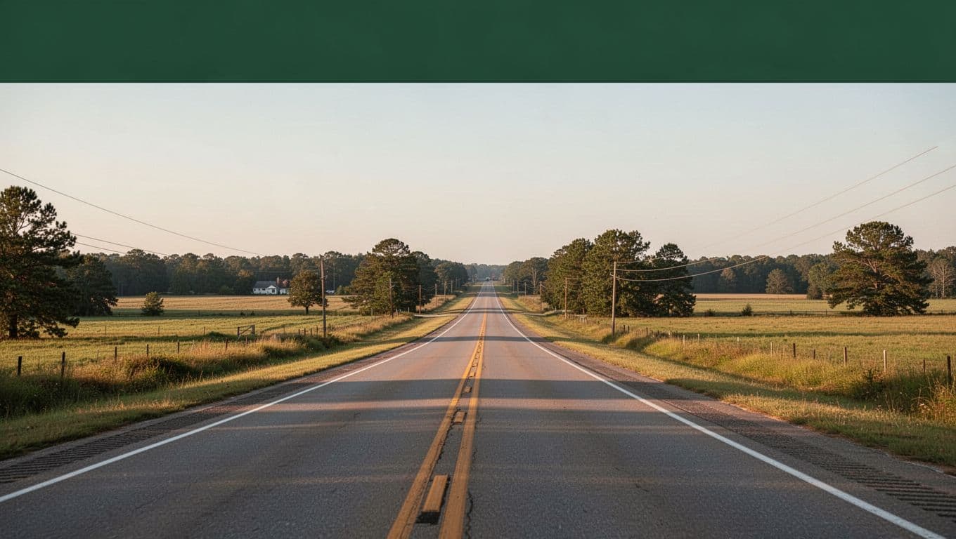 A quiet Alabama highway beneath a green banner labeled Wilcox County Lodging.