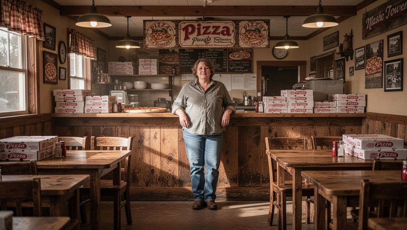 A rustic pizza restaurant with wooden tables, warm lights, pizza boxes, and one person by the counter.