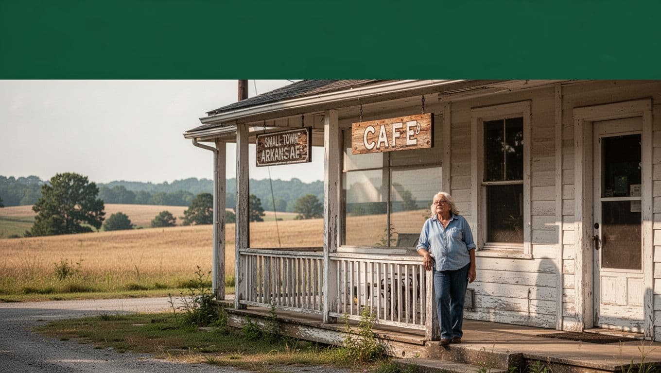 A small-town cafe with one person and rural Arkansas landscape beneath a dark-green band.