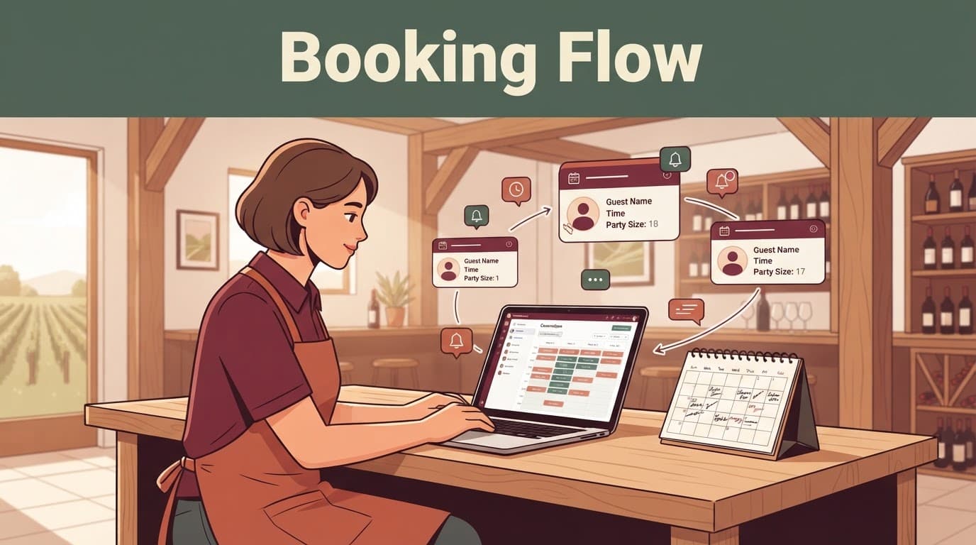 A manager reviews bookings on a laptop in a warm winery tasting room.