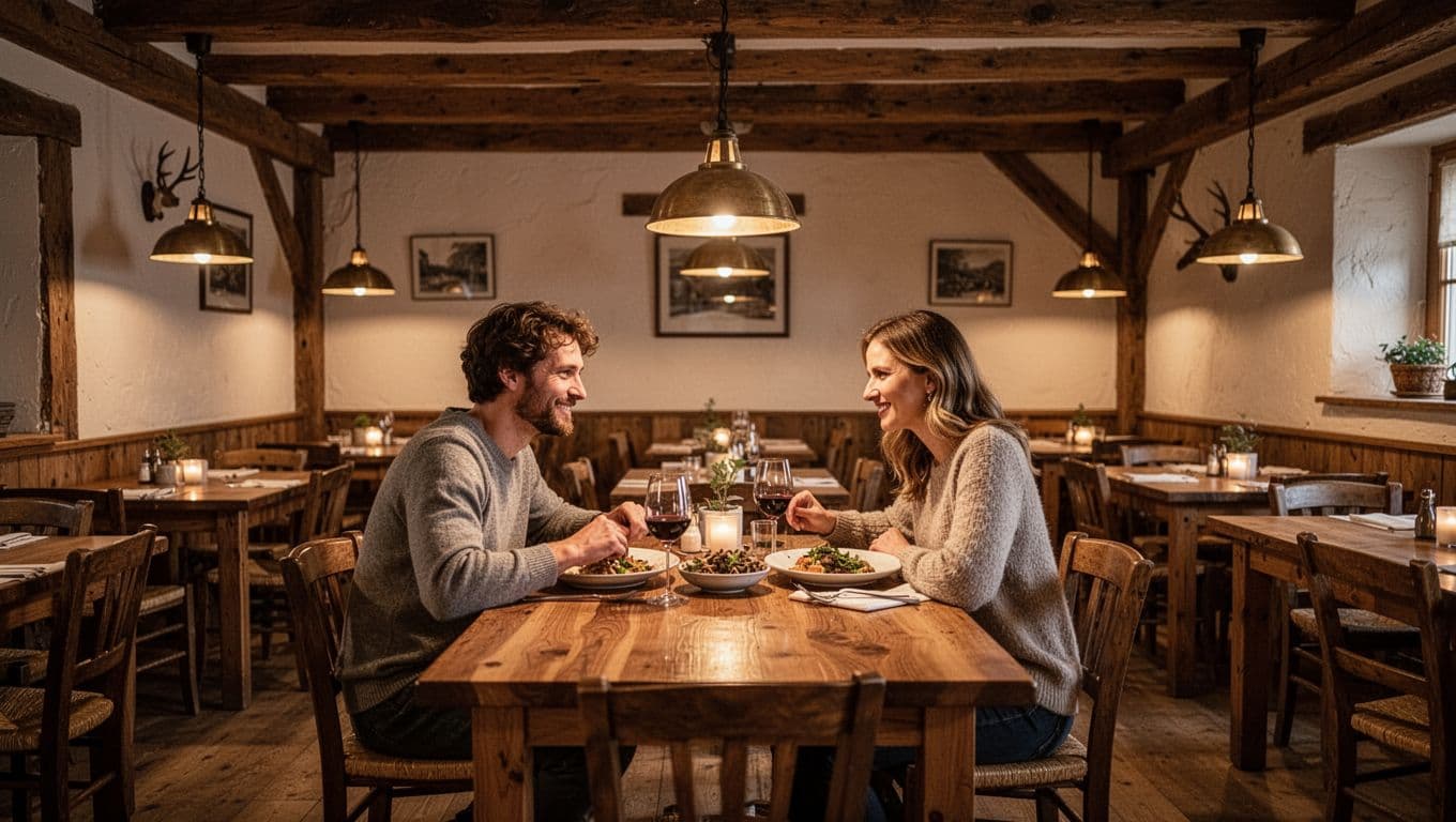 Rustic dining room with wooden tables, warm lights, and a Winslow Dining headline.