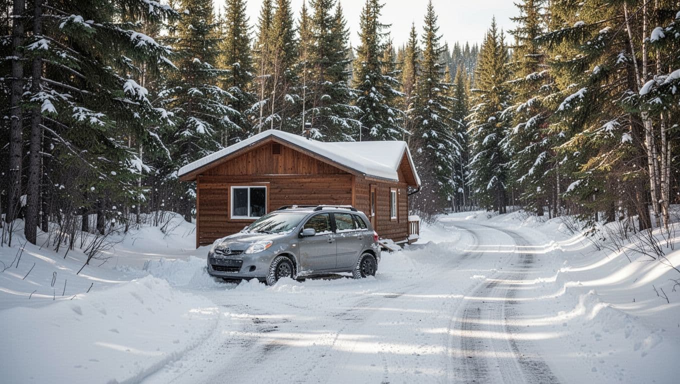 A snow-tire-equipped car parked beside a cabin on a snowy road.