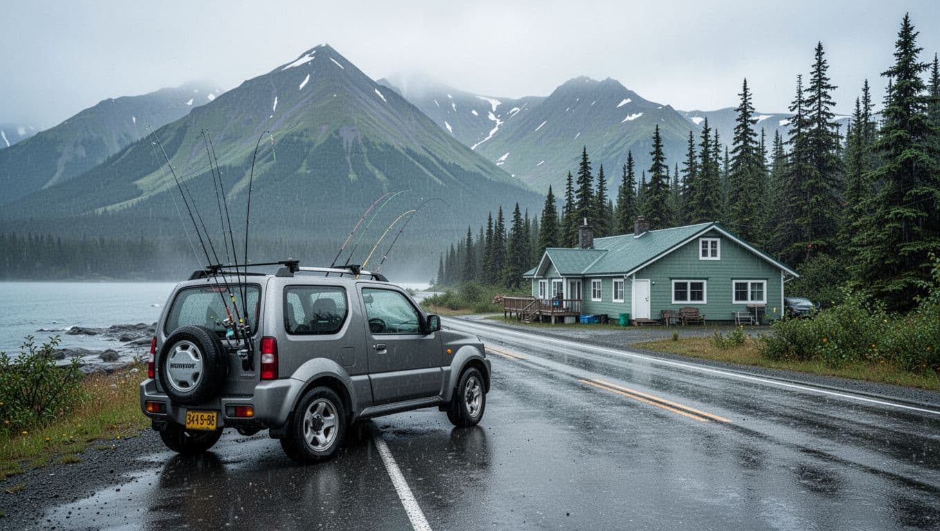 A rental SUV parked beside lodging with wet mountains and spruce trees behind it.