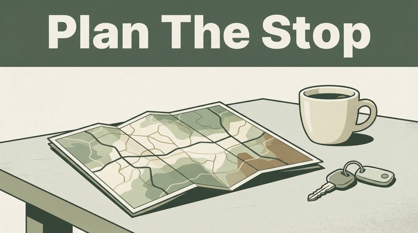 A folded map, car key, and coffee cup arranged for a rural road trip.