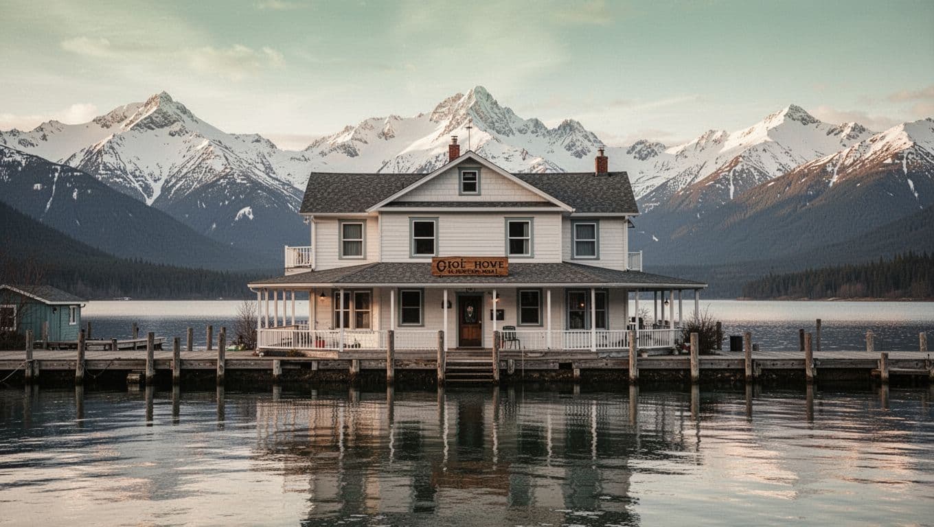 A waterfront hotel in Alaska with mountains behind it and a Budget Stays banner.