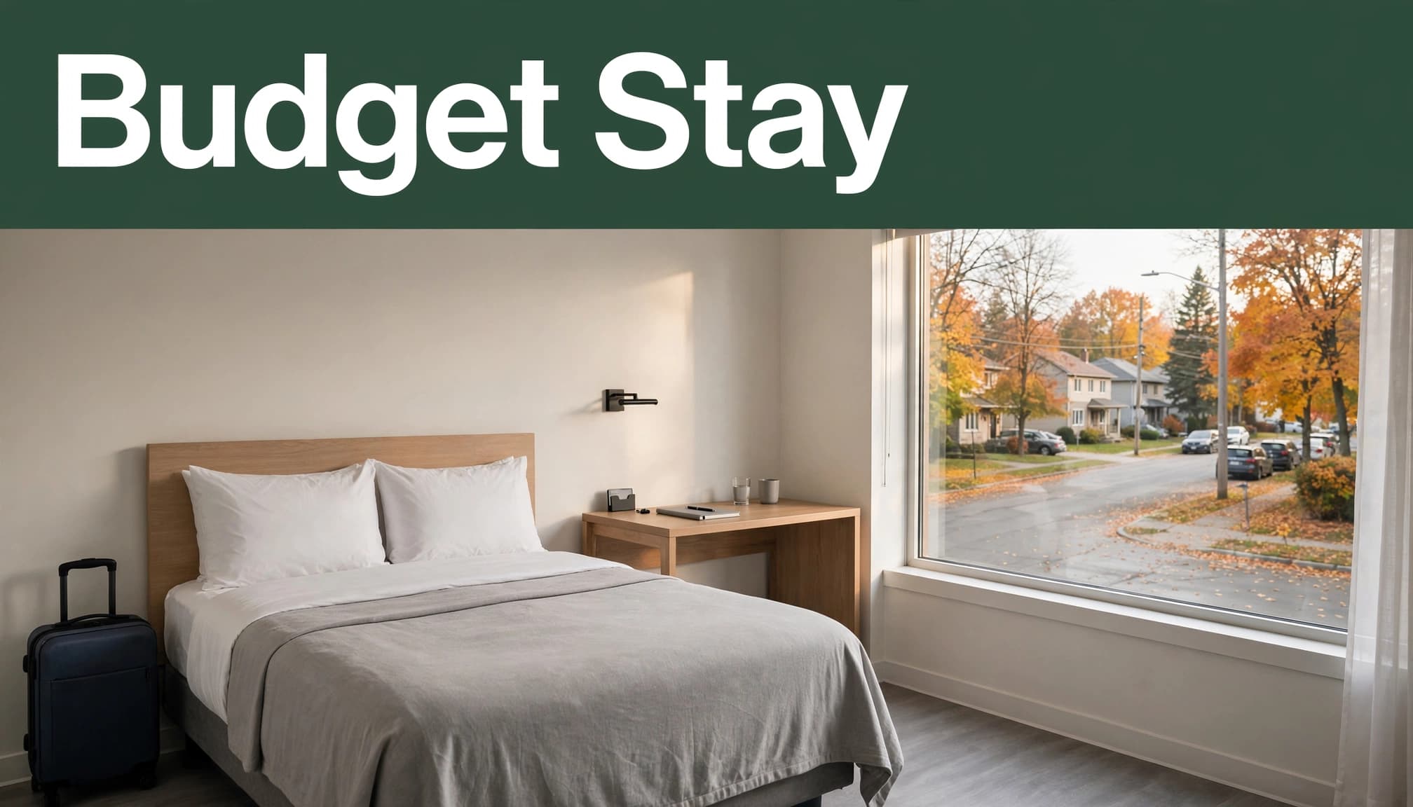 A tidy hotel room with one bed, a desk, suitcase, and autumn street view.