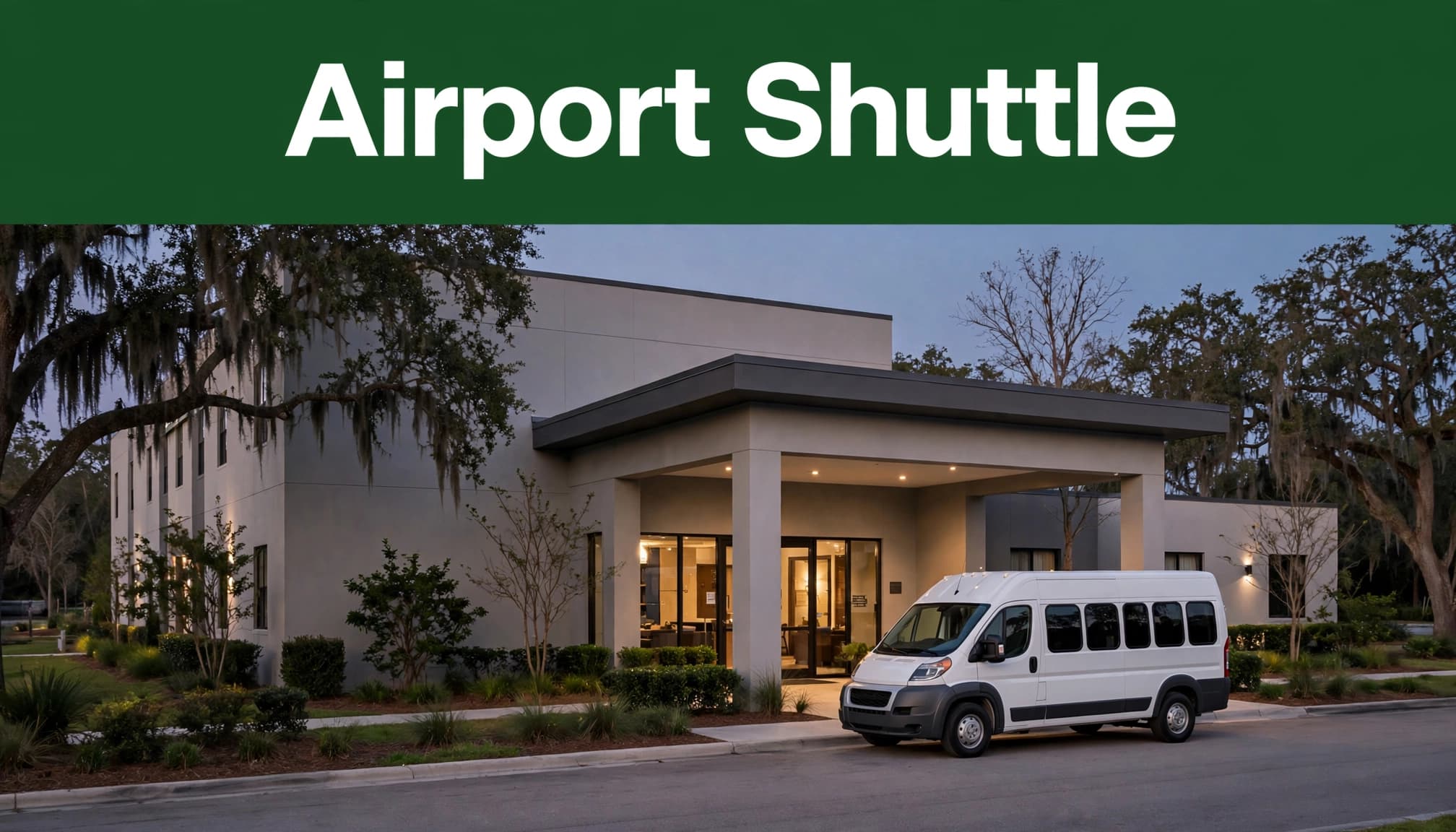 White hotel shuttle van waiting outside a modern hotel at dusk.