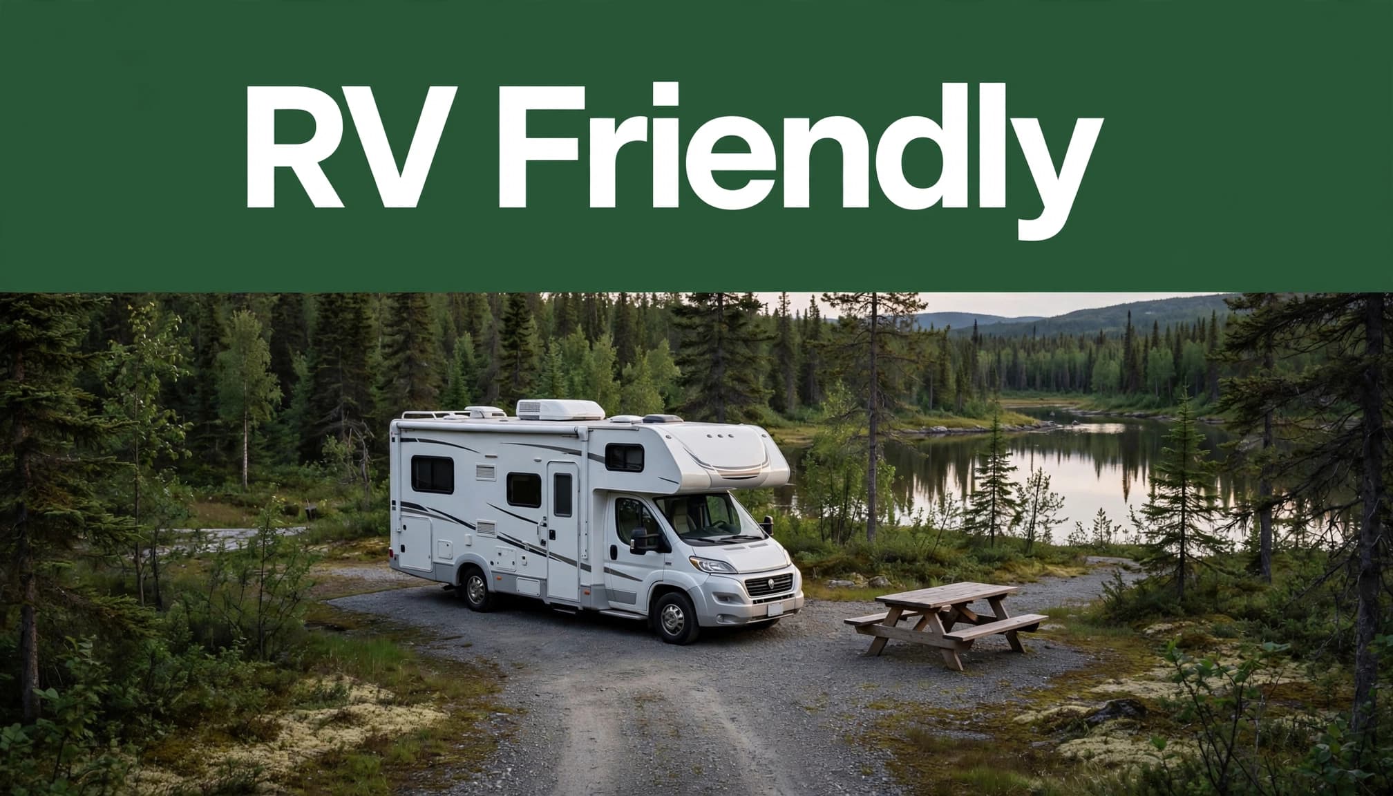 A motorhome and picnic table beside a gravel road in a wooded Yukon campground.