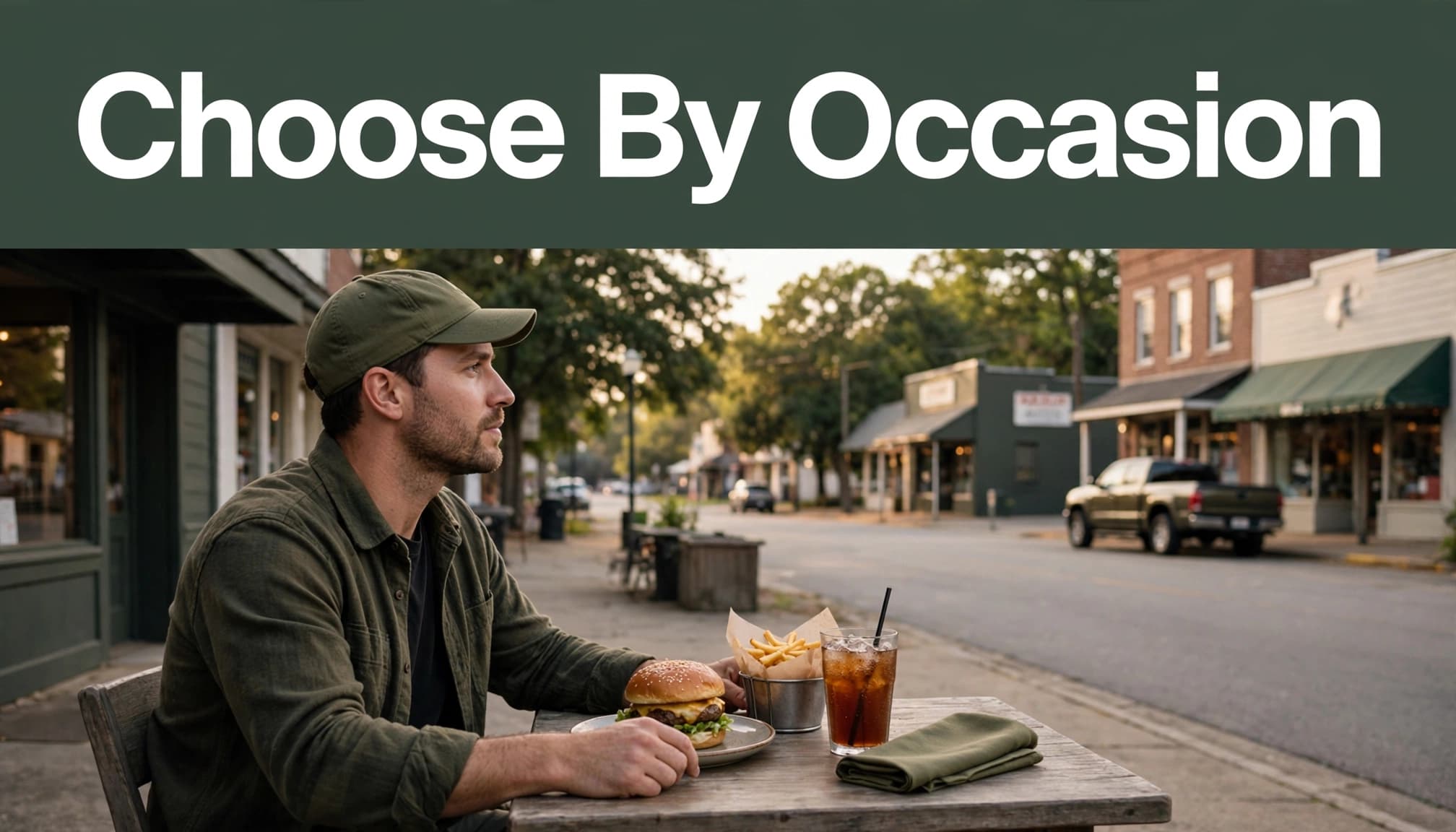 One traveler eats a burger, fries, and drink at an outdoor roadside table.