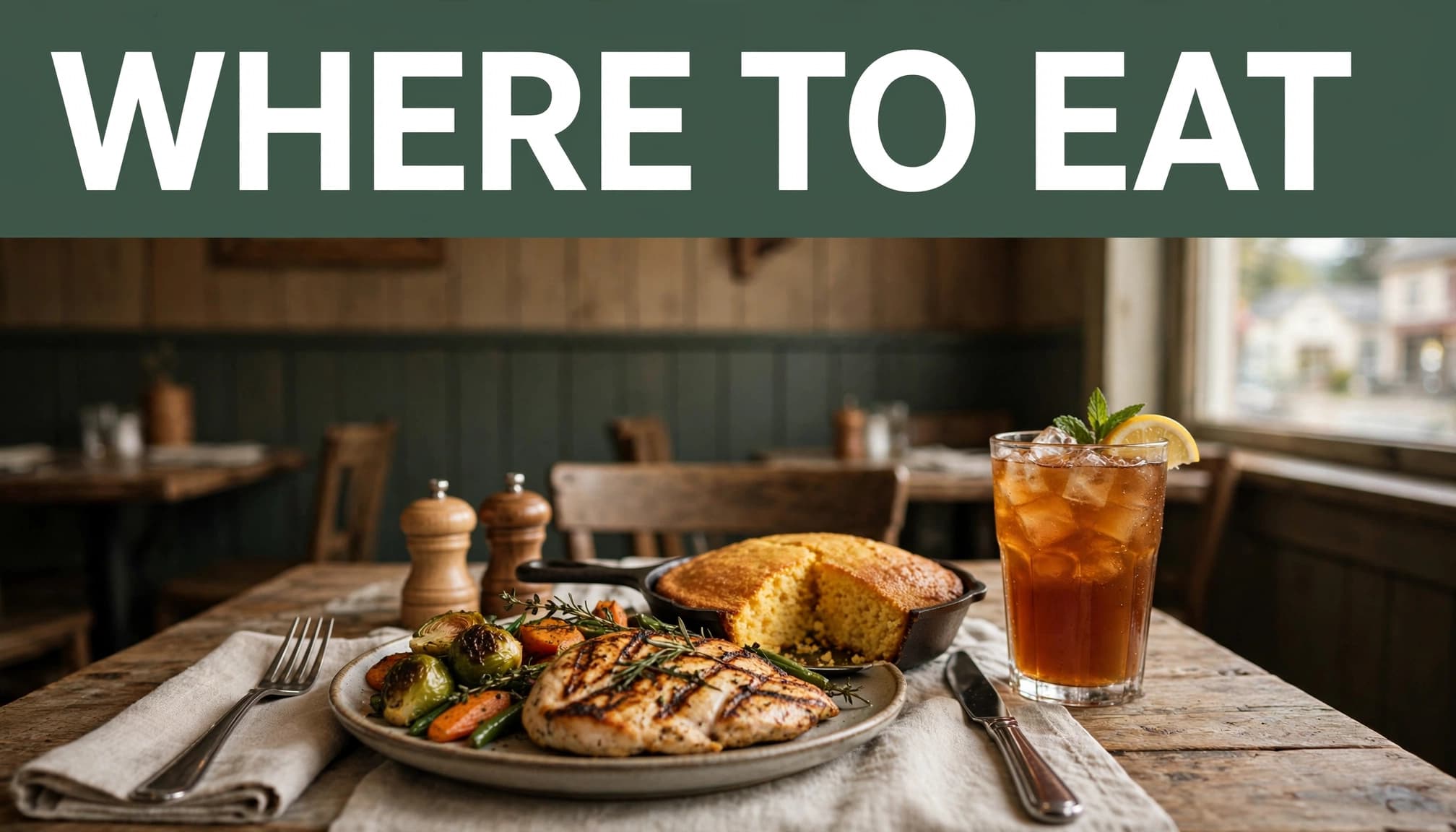 A Southern meal with chicken, vegetables, cornbread, and iced tea on a restaurant table.