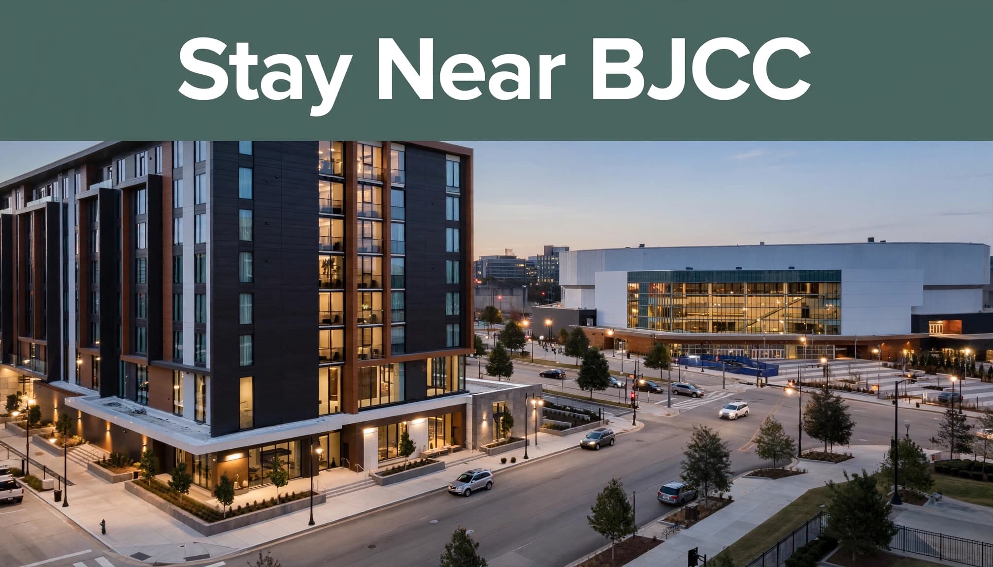 A downtown Birmingham hotel near the BJCC Arena at early evening.