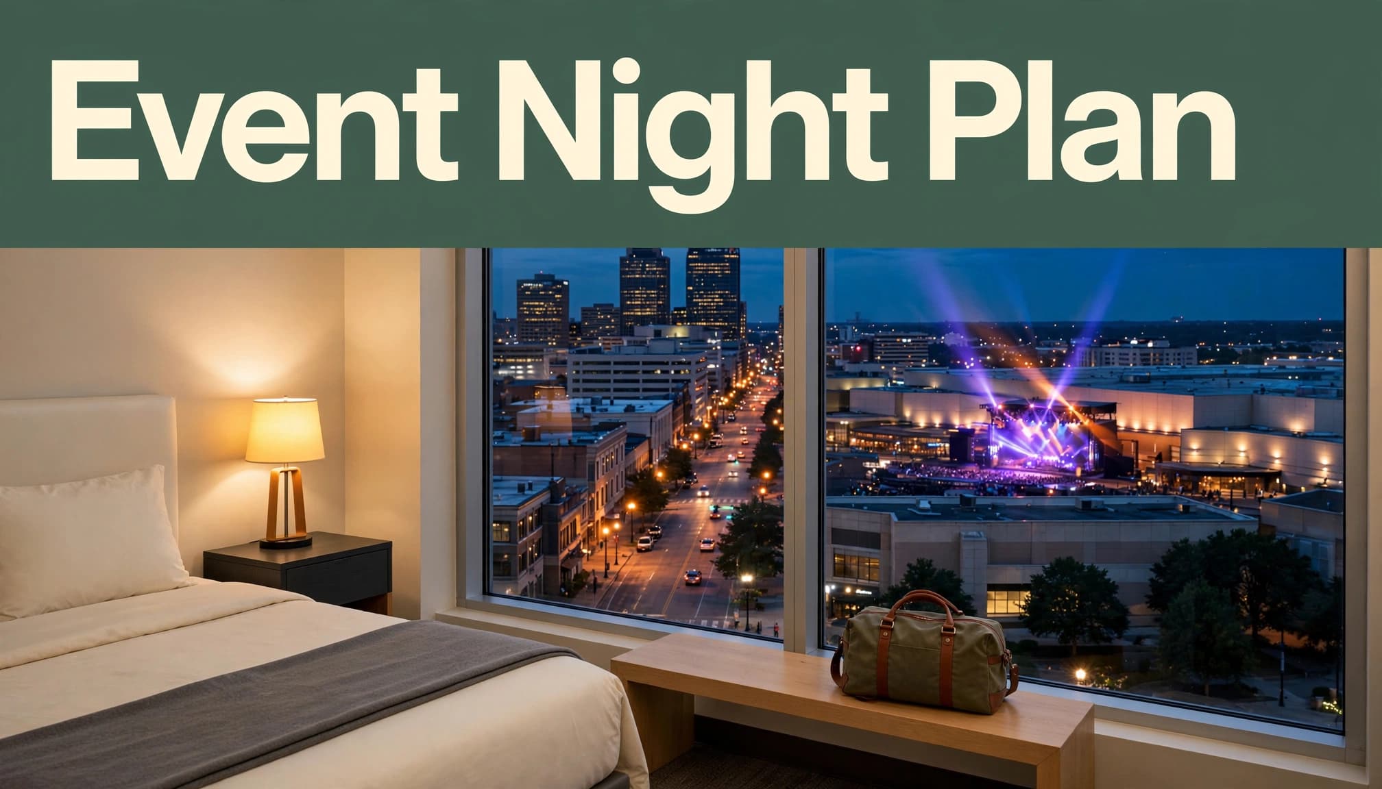 A tidy hotel room with a travel bag and downtown venue lights beyond the window.