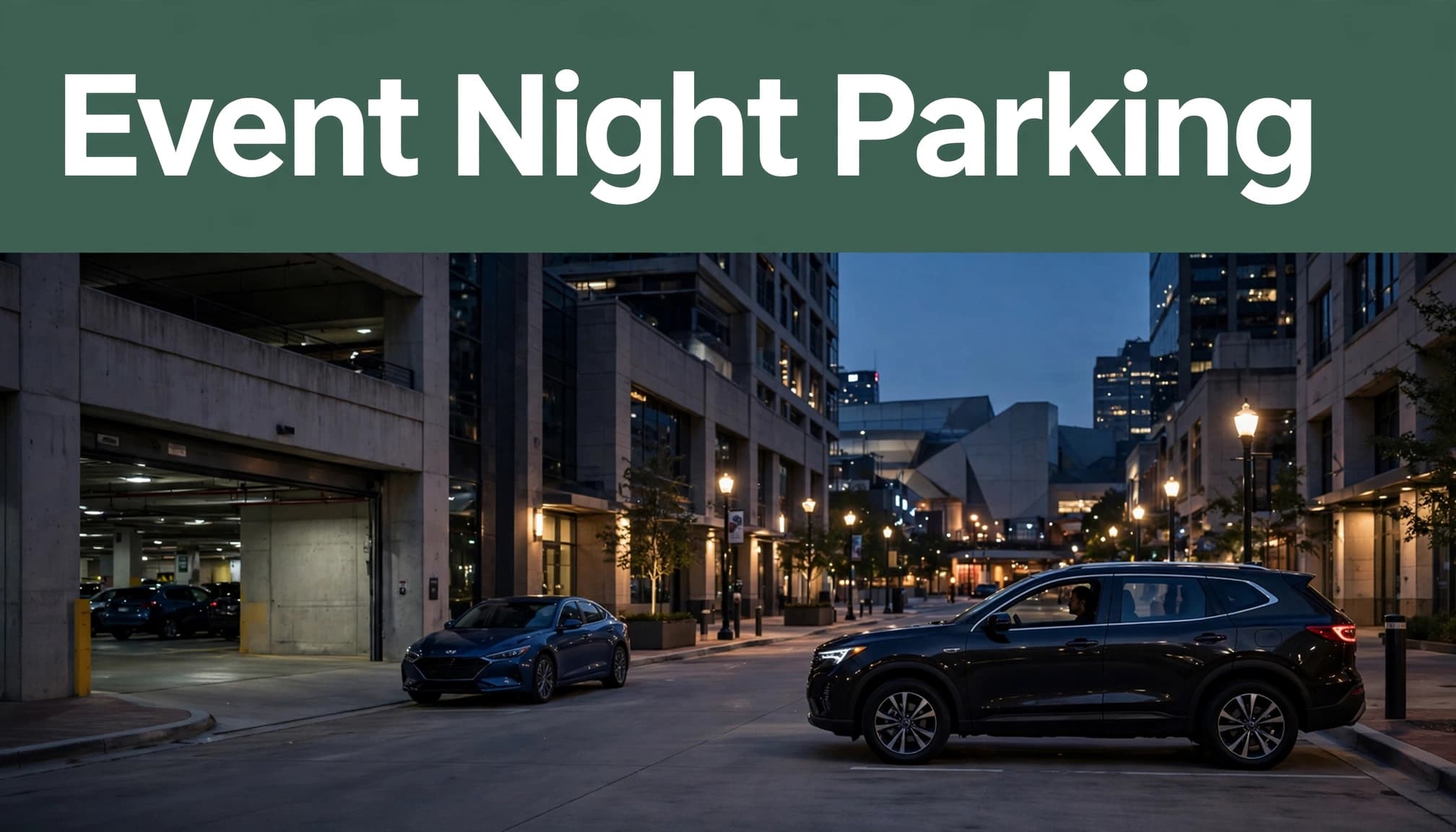A parked car and rideshare vehicle outside a downtown Birmingham arena district garage.
