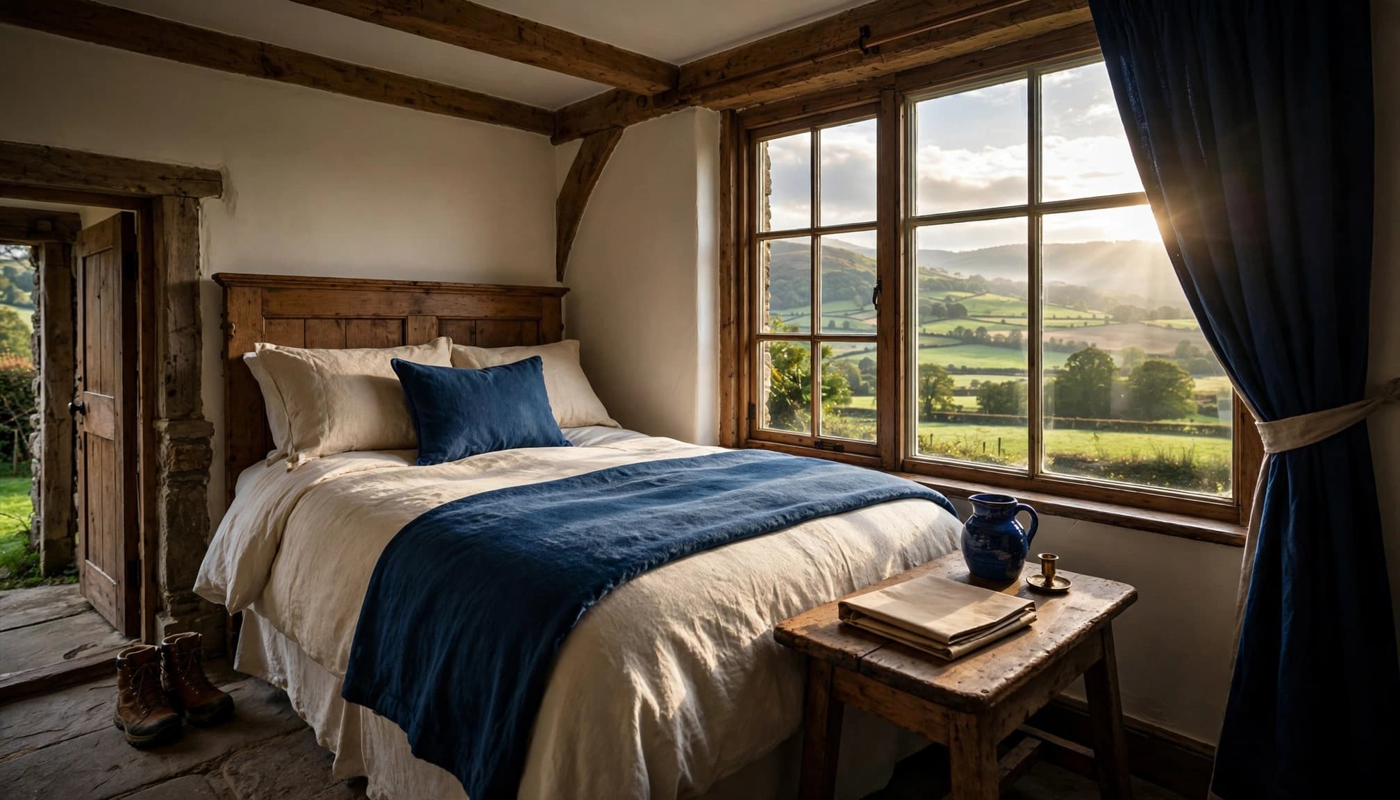 A traditional guest room with walking boots, a folded map, and green hills beyond the window.