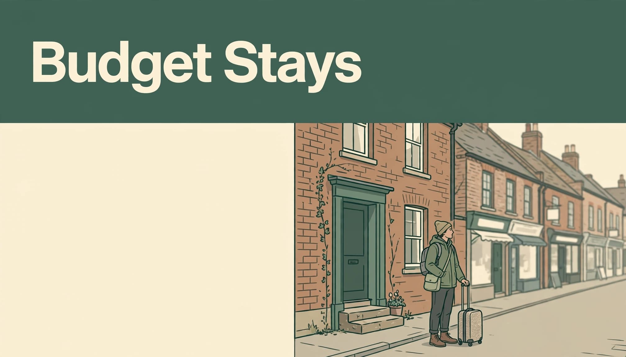 A traveller with a small suitcase outside a brick guesthouse in Huntingdon.
