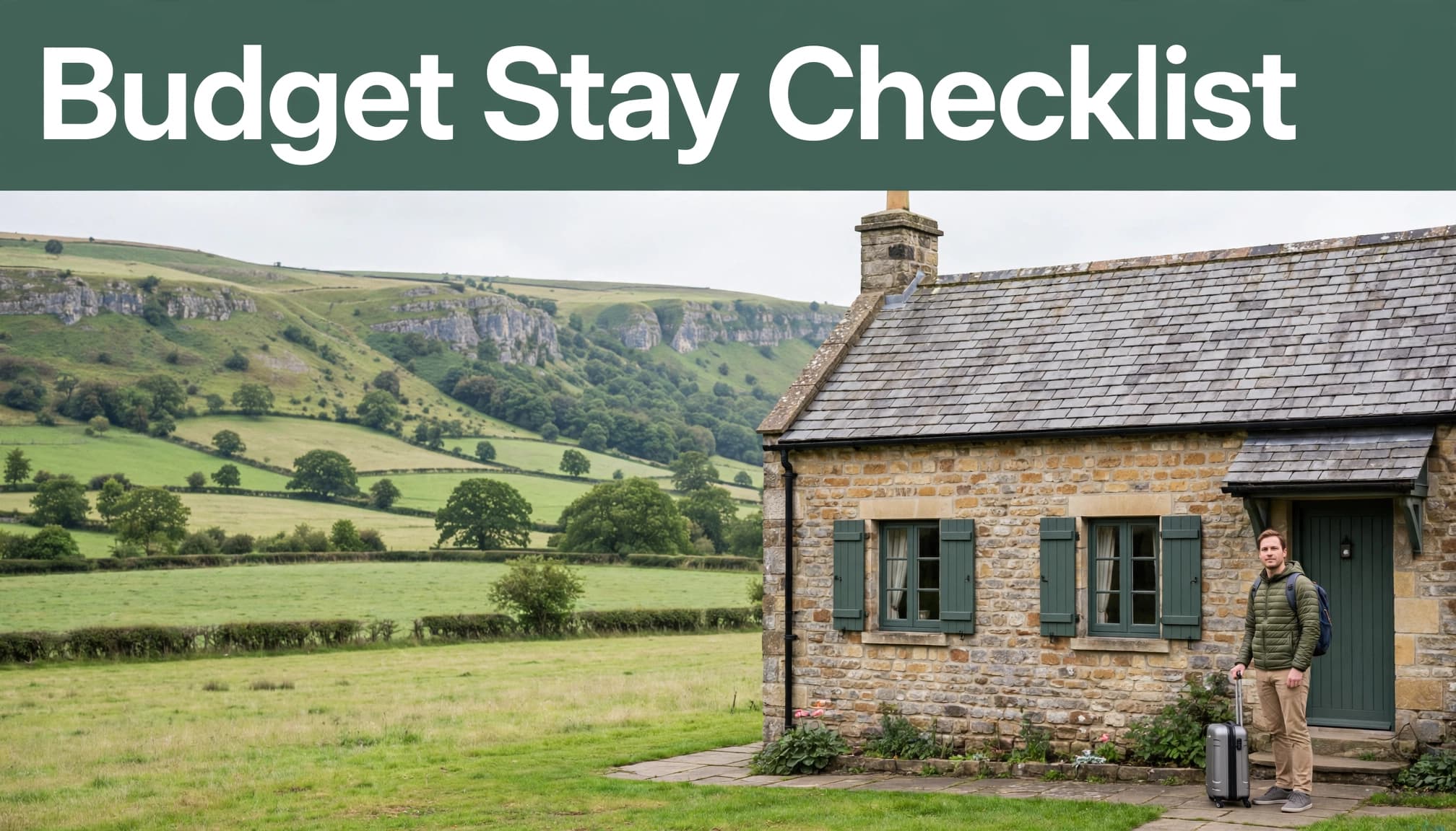 A traveler with a suitcase stands outside a stone guesthouse beneath a green checklist banner.