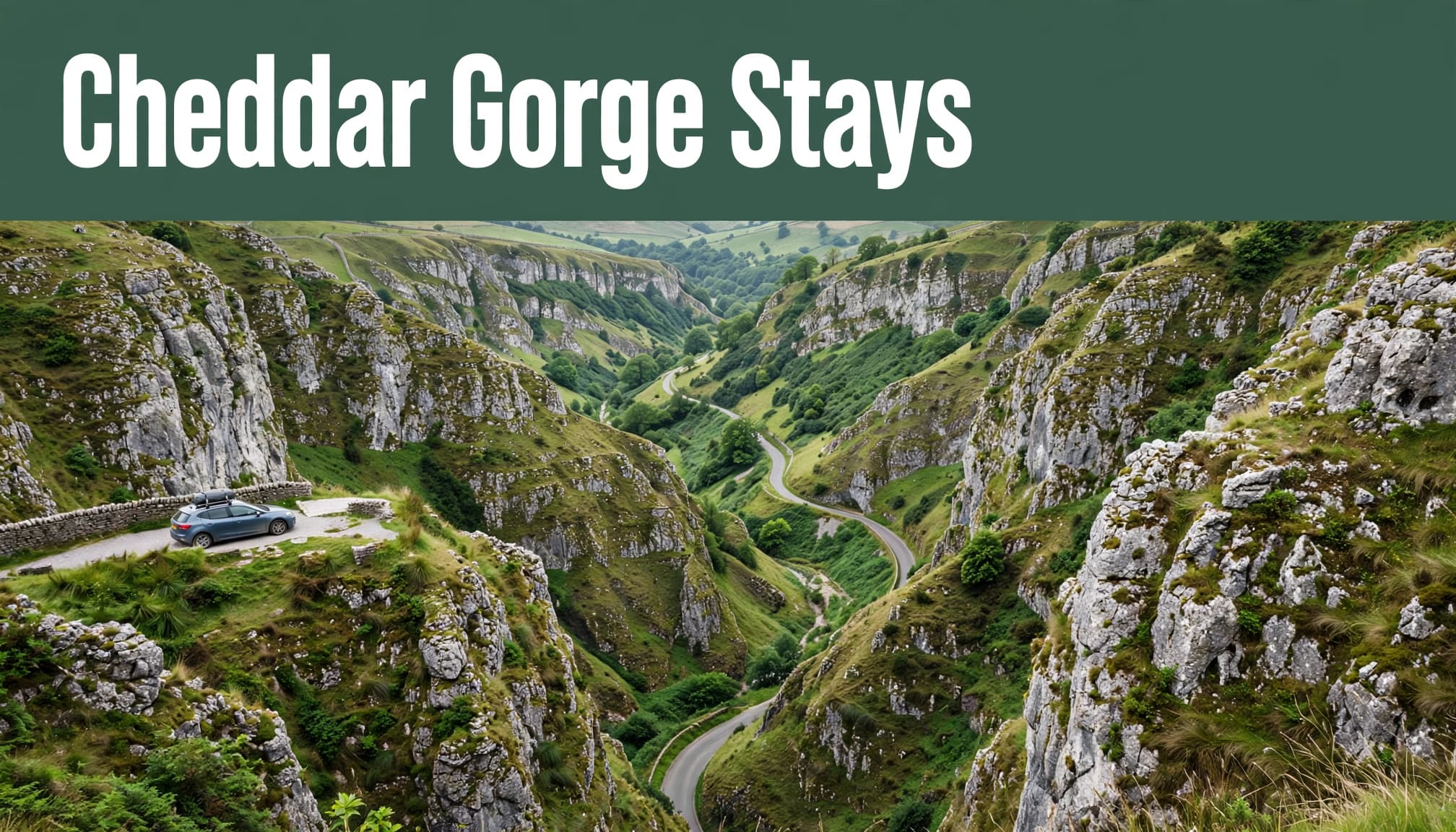 Green Cheddar Gorge cliffs and a winding road with one parked touring car.