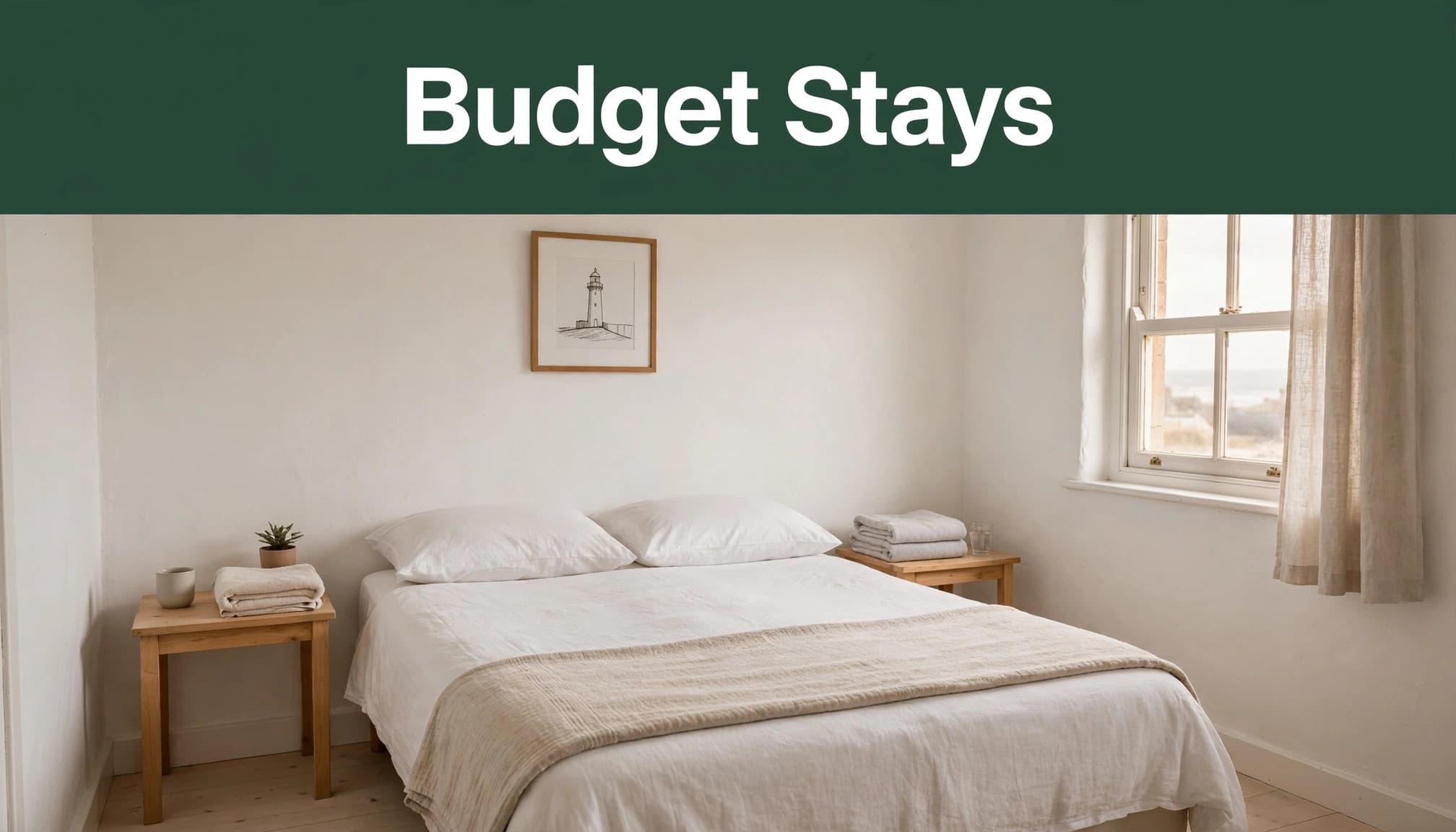 Clean guesthouse bedroom with a double bed, towels, bedside tables, and soft daylight.