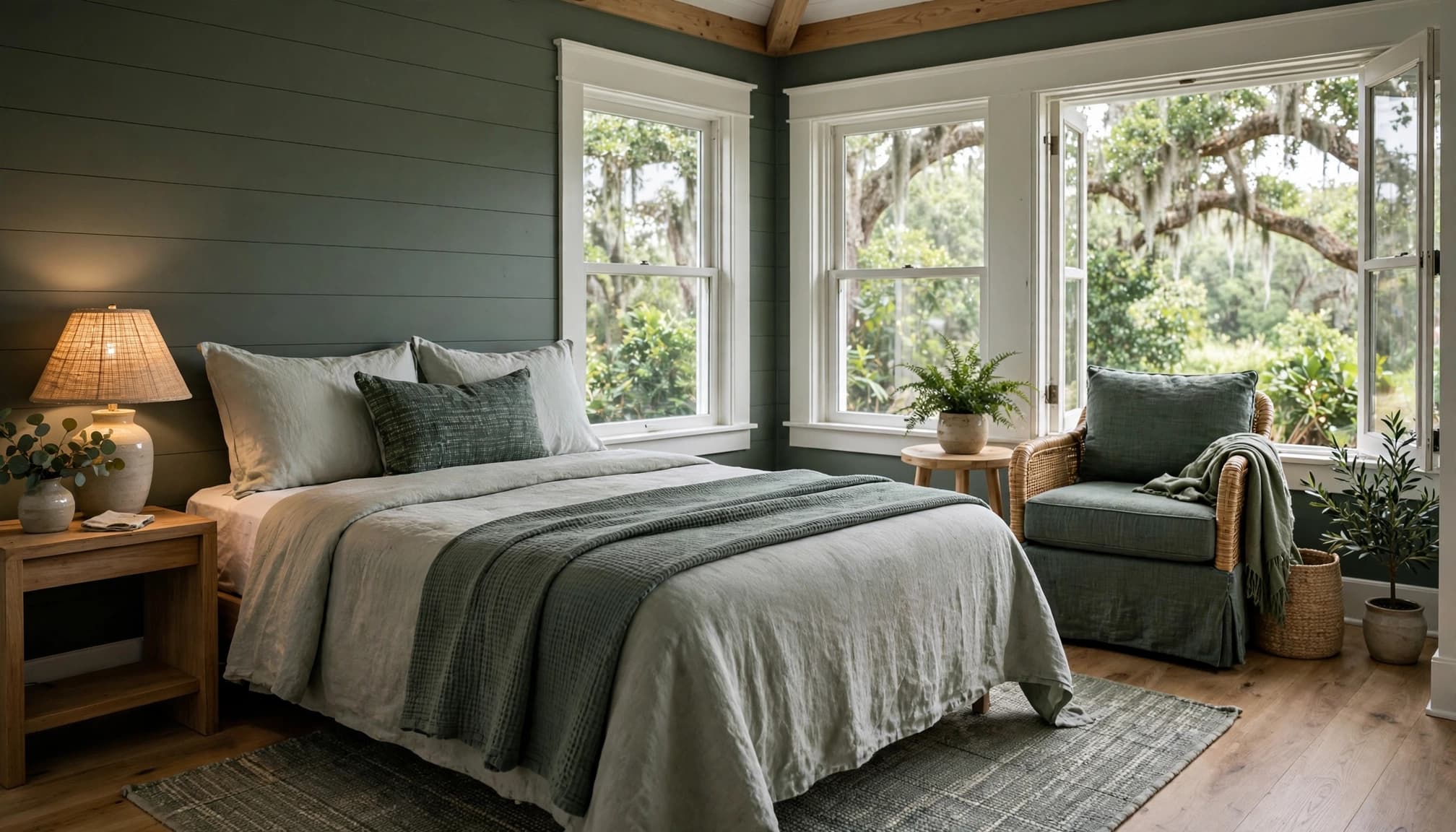 Bright guest room with one bed, an armchair, and greenery outside the windows.