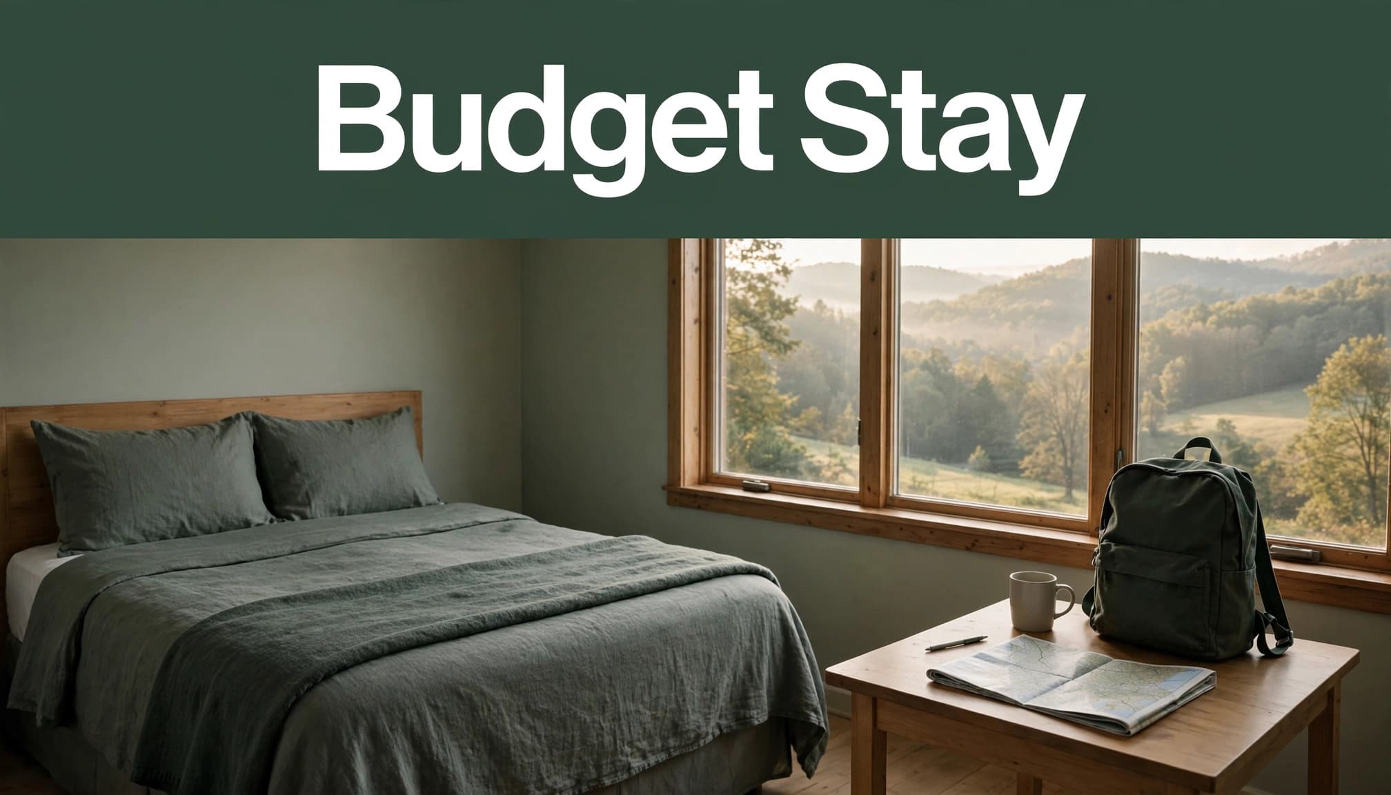 A simple hotel room with a bed, desk, map, daypack, and wooded hills outside.