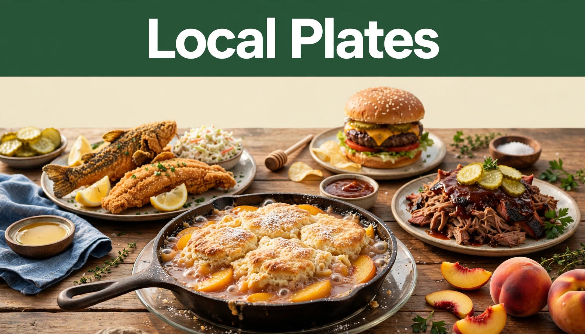 Fried catfish, barbecue, a burger, and peach cobbler arranged on a wooden table.
