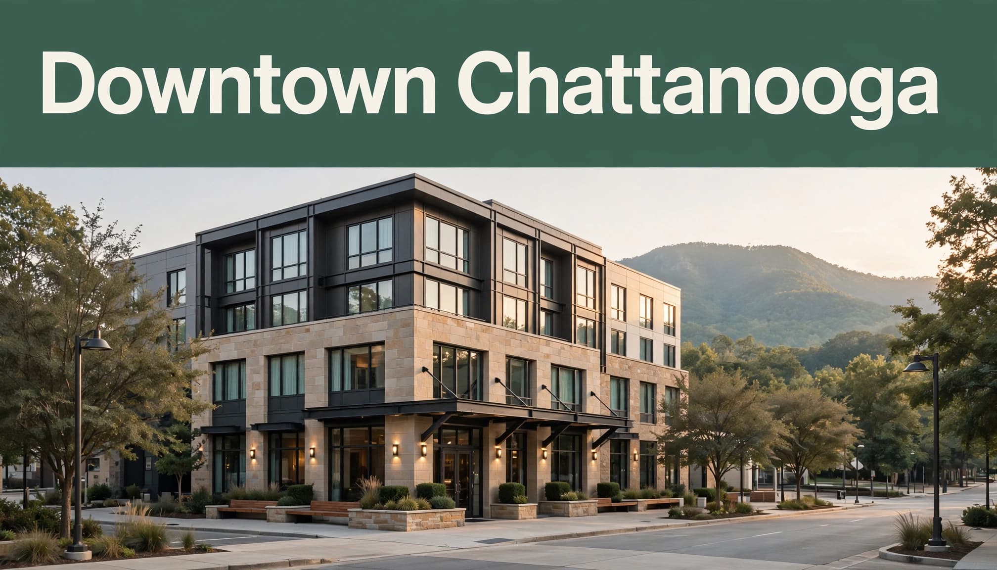 A downtown Chattanooga hotel with Lookout Mountain visible behind it.