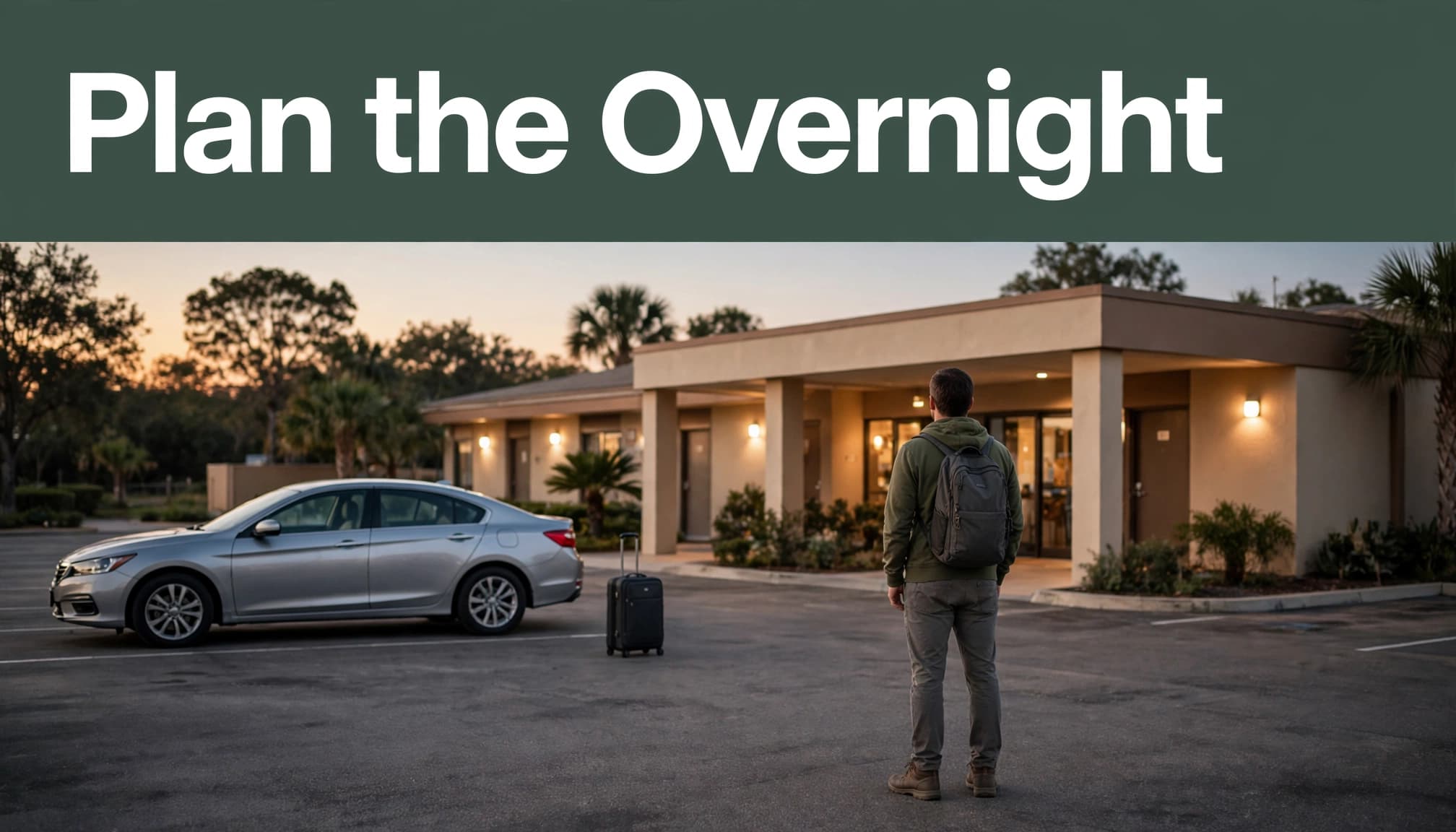 A traveler with one suitcase stands beside a car outside a hotel at dusk.