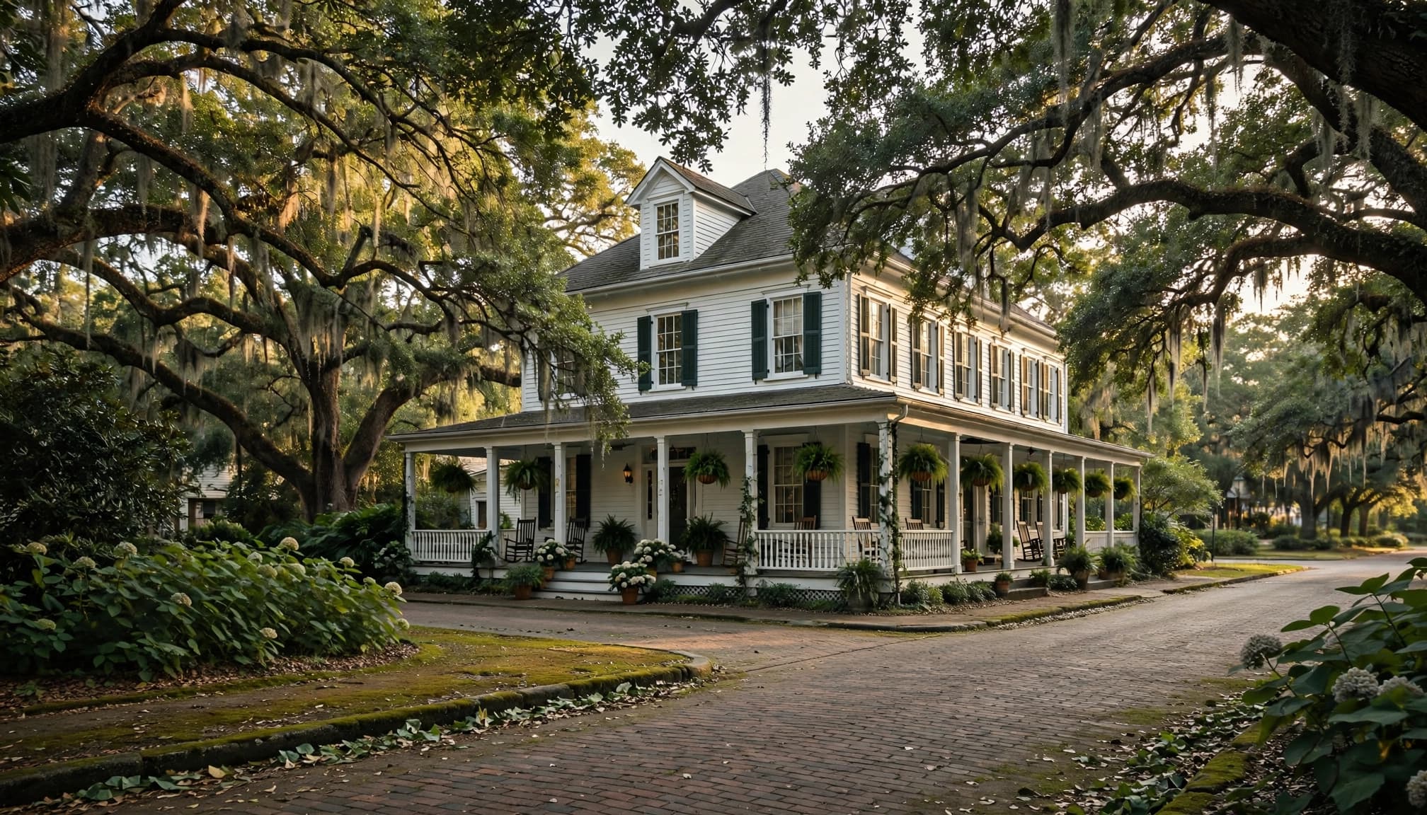 Historic inn on a leafy downtown street in Fairhope, Alabama.