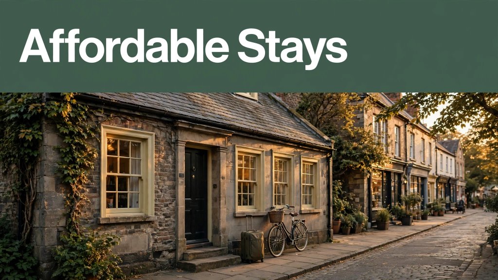 Guesthouse entrance with a bicycle, suitcase, and green Affordable Stays banner.