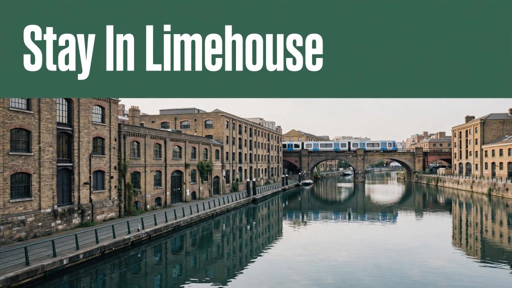 Limehouse Basin with brick warehouses, a riverside path, and a DLR train in the background.
